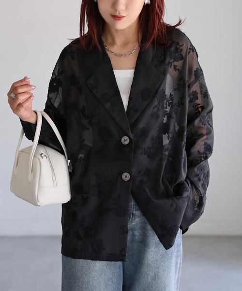 セール】花柄刺繍シアーテーラードジャケット（テーラード