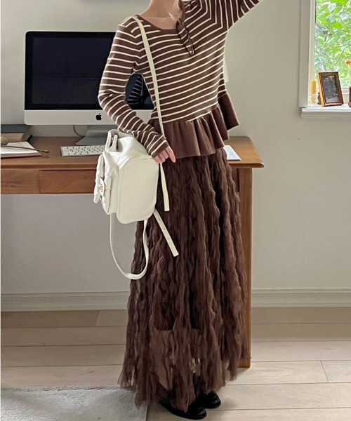 エブール シルクシフォンスカート ブラウン 36 セール】【着用動画あり!】ブラウンクリームウェーブシフォンスカート