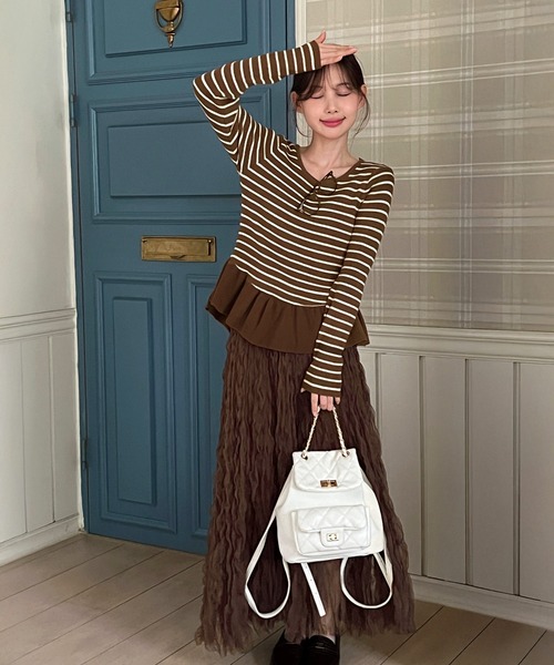 セール】【着用動画あり!】ブラウンクリームウェーブシフォンスカート