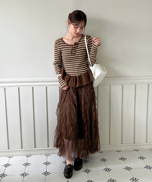 セール】【着用動画あり!】ブラウンクリームウェーブシフォンスカート