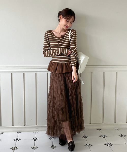 セール】【着用動画あり!】ブラウンクリームウェーブシフォンスカート