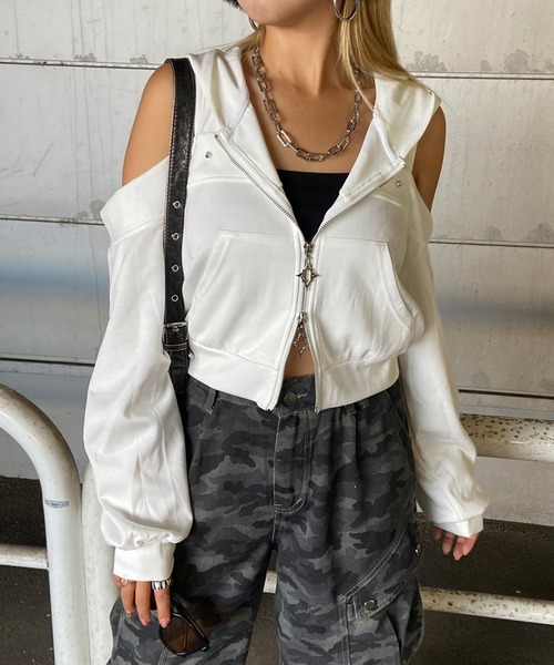 non-hedge(ノンヘッジ)の「カットショルダーダブルジップパーカー(パーカー・レディース・ブラウン/ブラック/オフホワイト・FREE)」の2枚目の写真