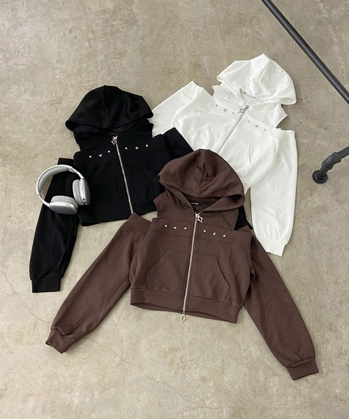 non-hedge(ノンヘッジ)の「カットショルダーダブルジップパーカー(パーカー・レディース・ブラウン/ブラック/オフホワイト・FREE)」の6枚目の写真