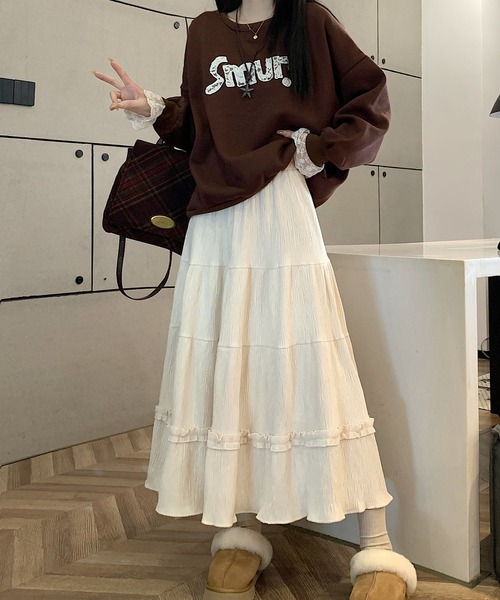 LAFFMO(ラフモ)の「ギャザーフリルベロアフレアスカート(スカート・レディース・ブラック/ベージュ/ブラウン・F)」の1枚目の写真