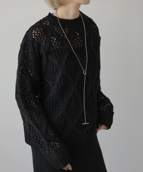 セール】透かし編みクルーネックニット（ニット/セーター