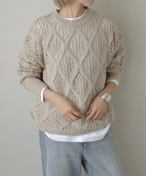 セール】透かし編みクルーネックニット（ニット/セーター