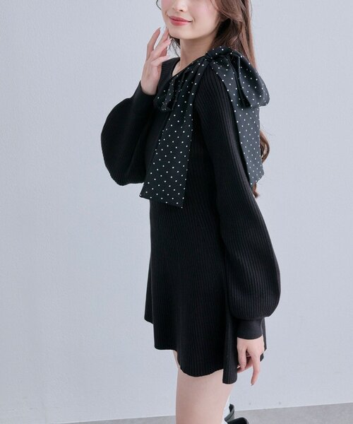 OLIVE des OLIVE(オリーブデオリーブ)の「肩リボンドロストニットワンピ(ワンピース・レディース・オフホワイト/チャコールグレー/ブラック・FREE)」の2枚目の写真