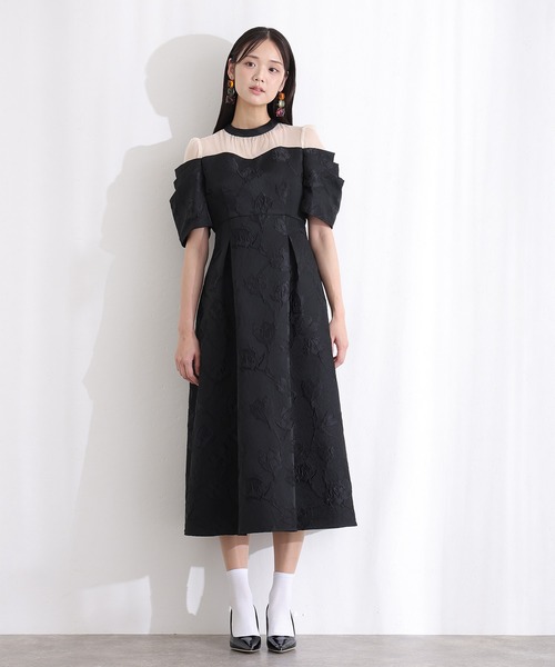 PourVous(プールヴー)の「ロング&七分袖 フォーマル オフショル風 シアータック スリーブジャガードセレモニー 結婚式 二次会 パーティー ドレス オケージョンドレス お呼ばれ 同窓会 成人式 (ドレス・レディース・ブラウン/ベージュ/ブラック・M)」の5枚目の写真