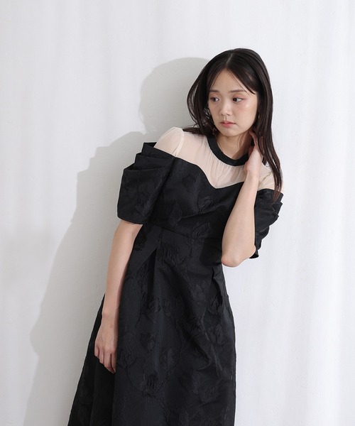 PourVous(プールヴー)の「ロング&七分袖 フォーマル オフショル風 シアータック スリーブジャガードセレモニー 結婚式 二次会 パーティー ドレス オケージョンドレス お呼ばれ 同窓会 成人式 (ドレス・レディース・ブラウン/ベージュ/ブラック・M)」の7枚目の写真