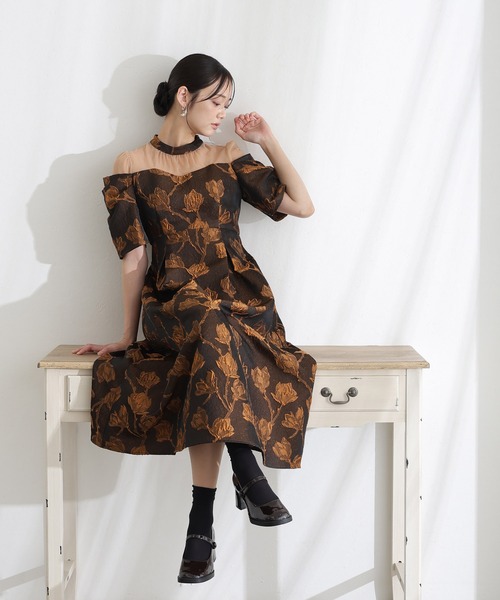 PourVous(プールヴー)の「ロング&七分袖 フォーマル オフショル風 シアータック スリーブジャガードセレモニー 結婚式 二次会 パーティー ドレス オケージョンドレス お呼ばれ 同窓会 成人式 (ドレス・レディース・ブラウン/ベージュ/ブラック・M)」の18枚目の写真