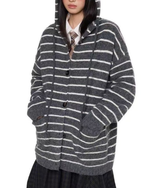 Achic(アシック)の「ボーダーニットフーディーカーディガン(ニット/セーター・レディース・ベージュ/グレー・M)」の6枚目の写真