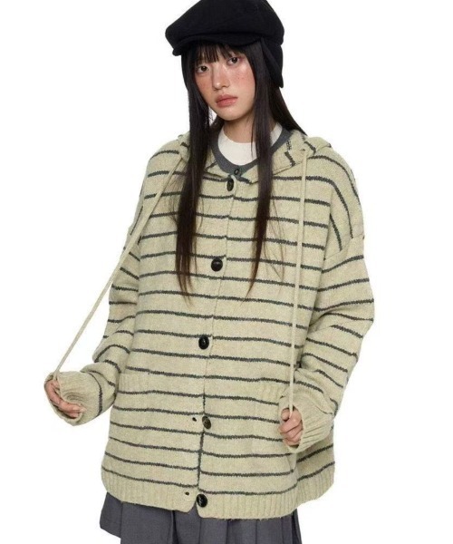 Achic(アシック)の「ボーダーニットフーディーカーディガン(ニット/セーター・レディース・ベージュ/グレー・M)」の14枚目の写真