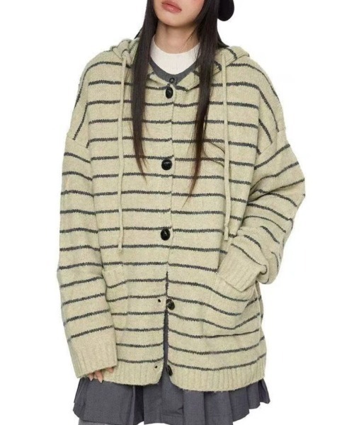 Achic(アシック)の「ボーダーニットフーディーカーディガン(ニット/セーター・レディース・ベージュ/グレー・M)」の15枚目の写真