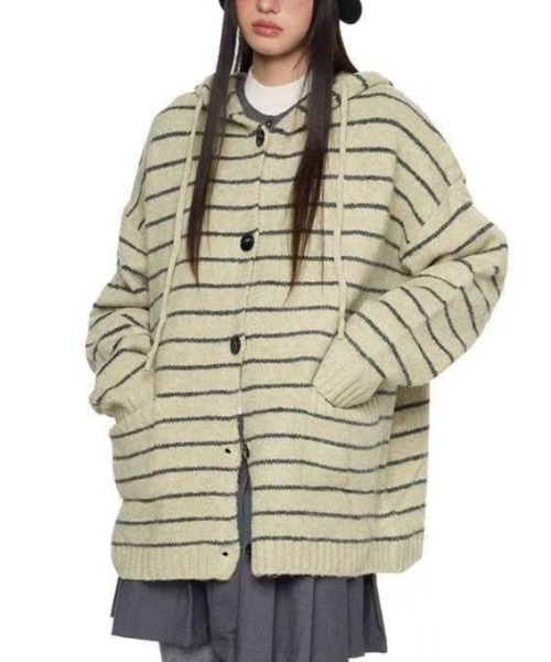 Achic(アシック)の「ボーダーニットフーディーカーディガン(ニット/セーター・レディース・ベージュ/グレー・M)」の17枚目の写真