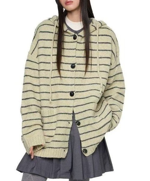 Achic(アシック)の「ボーダーニットフーディーカーディガン(ニット/セーター・レディース・ベージュ/グレー・M)」の18枚目の写真