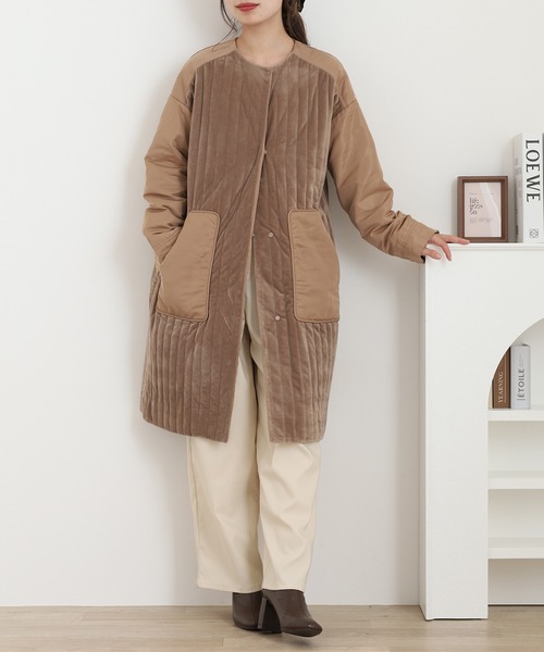 BRODIAEA(ブローディア)の「BRODIAEA 切り替えロング中綿コート(ノーカラーコート・レディース・ベージュ・40)」の1枚目の写真