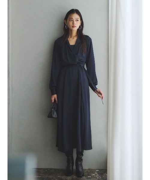 サテンオープンカラーフレアワンピース（ワンピース）｜anuans（ア