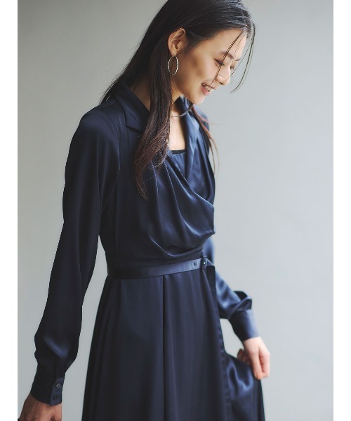 セール】サテンオープンカラーフレアワンピース（ワンピース）｜anuans