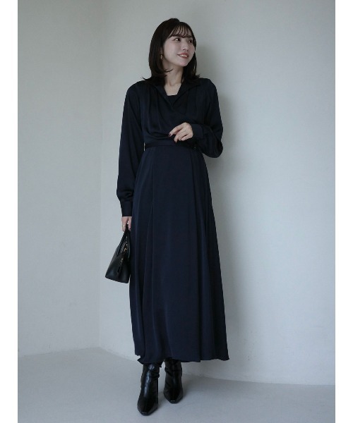 セール】サテンオープンカラーフレアワンピース（ワンピース）｜anuans