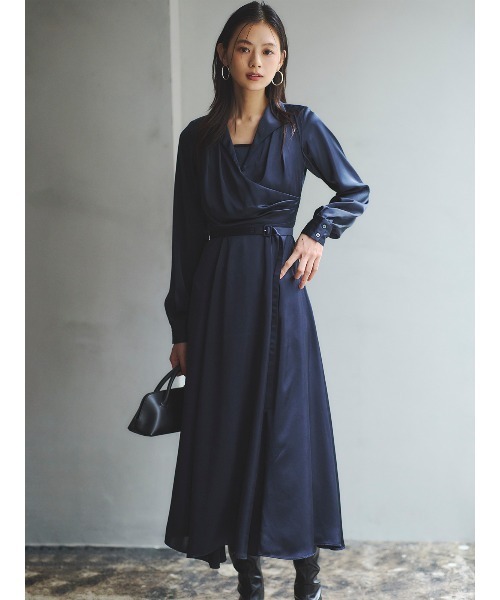 セール】サテンオープンカラーフレアワンピース（ワンピース）｜anuans