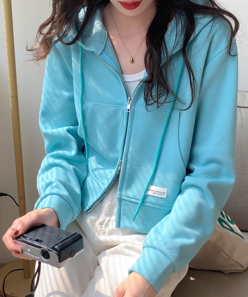 SHEPP（シープ）の「【26年春新作】ワンポイントショートダブルジップパーカー（パーカー・レディース・ブルー/ブラック/アイボリー/ピンク/イエロー/パープル・F）」の10枚目の写真