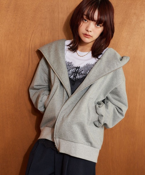 mysty woman（ミスティウーマン）の「オープンカラー裏毛フーディ 636350（パーカー・レディース・グレー/ホワイト系その他/ネイビー・FREE）」の17枚目の写真