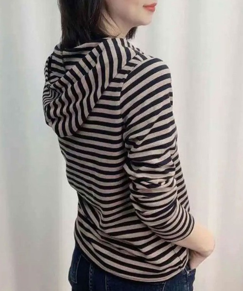 SallyLunn(サリーラン)の「ヘンリーネックボーダーフーディー(パーカー・レディース・スミクロ/グリーン/ベージュ・MEDIUM/LARGE)」の5枚目の写真