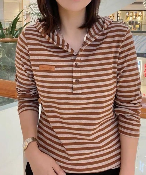 SallyLunn(サリーラン)の「ヘンリーネックボーダーフーディー(パーカー・レディース・スミクロ/グリーン/ベージュ・MEDIUM/LARGE)」の9枚目の写真