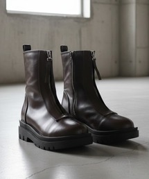 LibertyDoll/+5cm 軽量厚底 スクエアトゥ フロントジップ ショートブーツ(9092DBRPU)