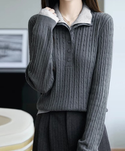 ONEP STAR（ワンピスター）の「リブニットボタン付きプルオーバー（ニット/セーター・レディース・ブラック/ネイビー/グレー・FREE）」の4枚目の写真