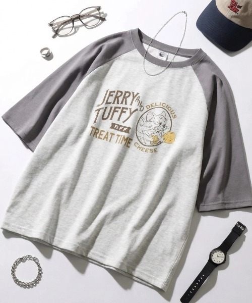 Tom＆Jerry（トムアンドジェリー）の「2026SS Tom and Jerry/トムとジェリー ビンテージデザイン キャラクタープリント ラグラン5分袖Tシャツ（Tシャツ/カットソー・レディース・グレー系その他/クリーム/ホワイト系その他/グレー系その他2・L/M）」の5枚目の写真