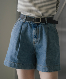 High waist one tuck denim short_Blue