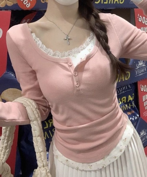 Nia(ニア)の「Nia(ニア)/花柄 レイヤード風レース長袖カットソー(Tシャツ/カットソー・レディース・ホワイト/ピンク・MEDIUM/SMALL)」の11枚目の写真