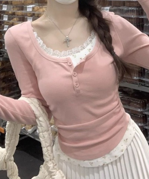 Nia(ニア)の「Nia(ニア)/花柄 レイヤード風レース長袖カットソー(Tシャツ/カットソー・レディース・ホワイト/ピンク・MEDIUM/SMALL)」の12枚目の写真