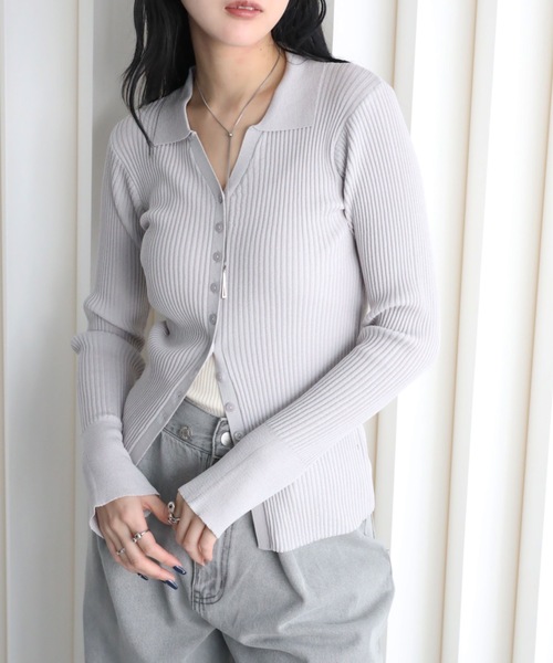 YENNA(イェンナ)の「襟付きVネックリブニットカーディガン(カーディガン/ボレロ・レディース・ブラウン/グレー/ブラック/アイボリー・FREE)」の3枚目の写真