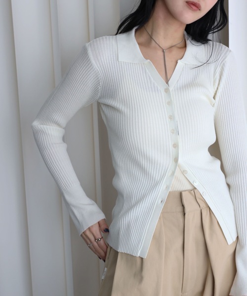 YENNA(イェンナ)の「襟付きVネックリブニットカーディガン(カーディガン/ボレロ・レディース・ブラウン/グレー/ブラック/アイボリー・FREE)」の1枚目の写真