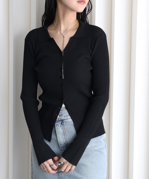 YENNA(イェンナ)の「襟付きVネックリブニットカーディガン(カーディガン/ボレロ・レディース・ブラウン/グレー/ブラック/アイボリー・FREE)」の15枚目の写真