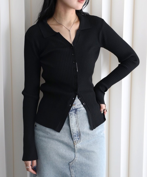 YENNA(イェンナ)の「襟付きVネックリブニットカーディガン(カーディガン/ボレロ・レディース・ブラウン/グレー/ブラック/アイボリー・FREE)」の16枚目の写真