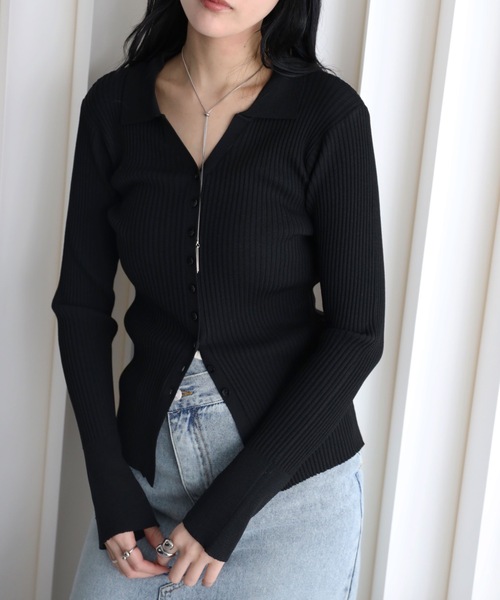 YENNA(イェンナ)の「襟付きVネックリブニットカーディガン(カーディガン/ボレロ・レディース・ブラウン/グレー/ブラック/アイボリー・FREE)」の18枚目の写真