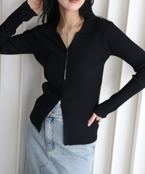 YENNA(イェンナ)の「襟付きVネックリブニットカーディガン(カーディガン/ボレロ・レディース・ブラウン/グレー/ブラック/アイボリー・FREE)」の14枚目の写真