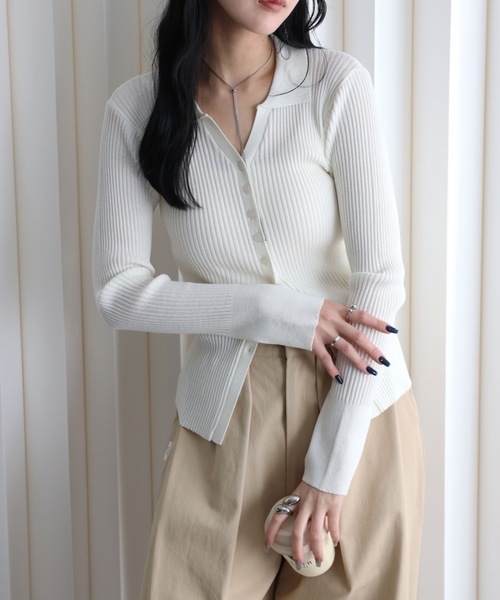 YENNA(イェンナ)の「襟付きVネックリブニットカーディガン(カーディガン/ボレロ・レディース・ブラウン/グレー/ブラック/アイボリー・FREE)」の7枚目の写真