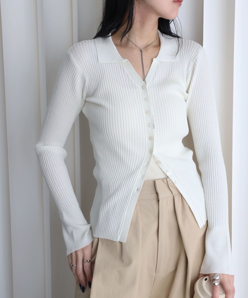 YENNA(イェンナ)の「襟付きVネックリブニットカーディガン(カーディガン/ボレロ・レディース・ブラウン/グレー/ブラック/アイボリー・FREE)」の8枚目の写真