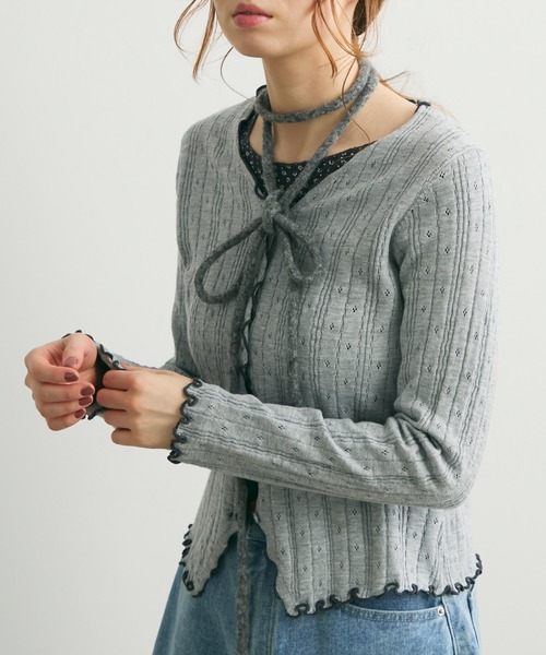 Crisp(クリスプ)の「バイカラーメロウVネックカーディガン(カーディガン/ボレロ・レディース・グレー/ホワイト・FREE)」の1枚目の写真