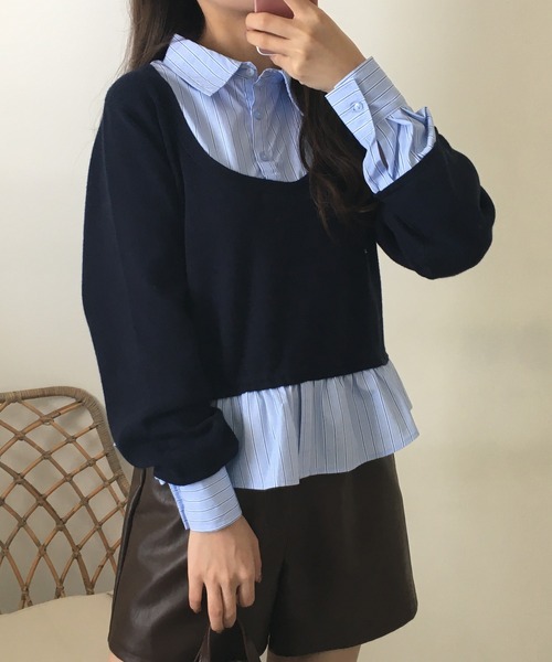 atONE(アットワン)の「レイヤード風プルオーバートップス(ニット/セーター・レディース・ネイビー/グレー・F)」の11枚目の写真