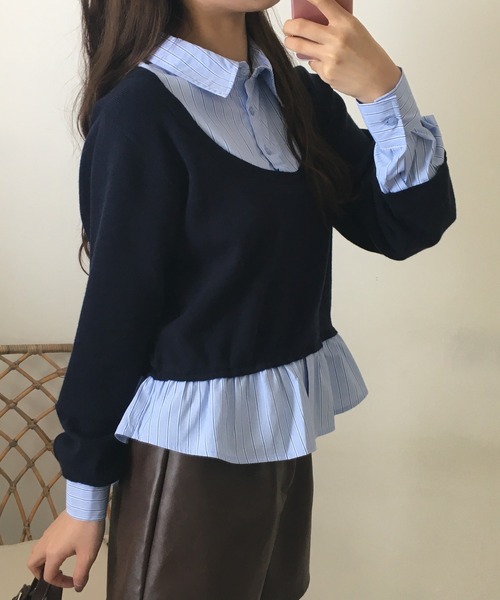 atONE(アットワン)の「レイヤード風プルオーバートップス(ニット/セーター・レディース・ネイビー/グレー・F)」の12枚目の写真