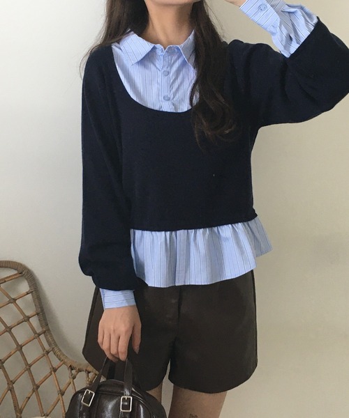 atONE(アットワン)の「レイヤード風プルオーバートップス(ニット/セーター・レディース・ネイビー/グレー・F)」の13枚目の写真