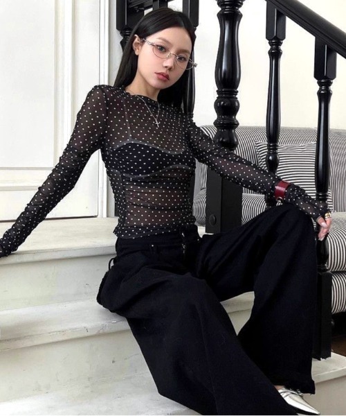 SHEENA(シーナ)の「ドット柄シアートップス(Tシャツ/カットソー・レディース・ブラック・M)」の21枚目の写真