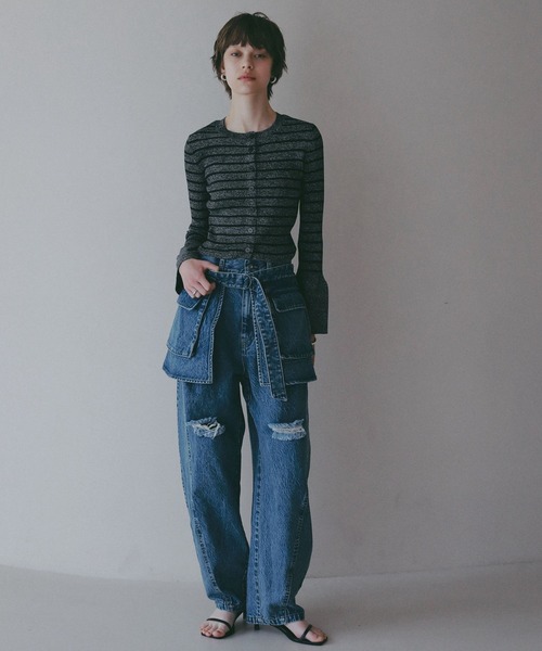 BAYFLOW（ベイフロー）の「【EF(エフ)】袖フリルボーダーニット（WOMEN）（ニット/セーター・レディース・ブラック/ライトグリーン・FREE）」の4枚目の写真