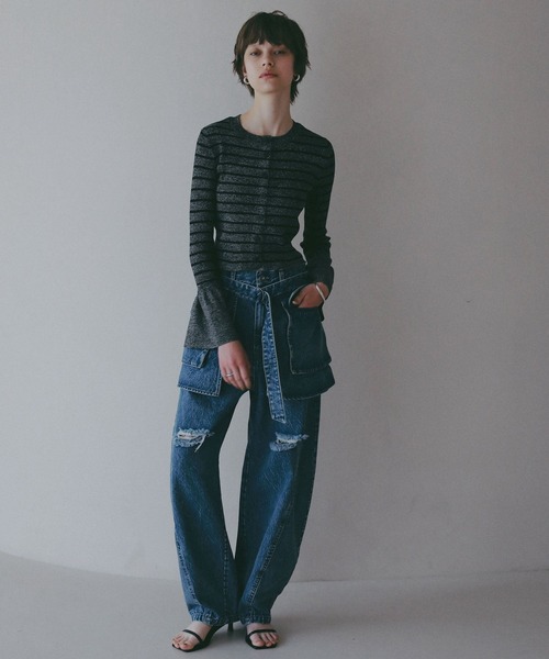 BAYFLOW（ベイフロー）の「【EF(エフ)】袖フリルボーダーニット（WOMEN）（ニット/セーター・レディース・ブラック/ライトグリーン・FREE）」の5枚目の写真