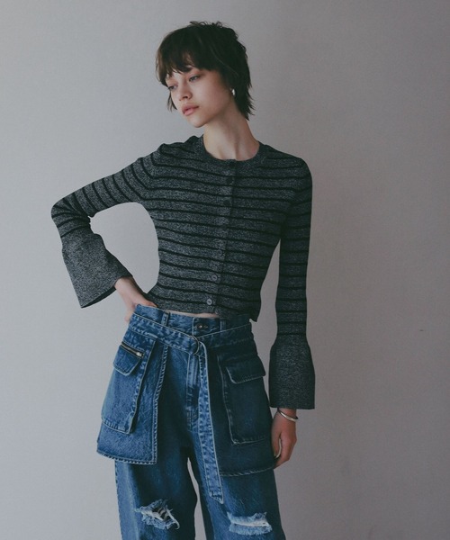 BAYFLOW（ベイフロー）の「【EF(エフ)】袖フリルボーダーニット（WOMEN）（ニット/セーター・レディース・ブラック/ライトグリーン・FREE）」の7枚目の写真